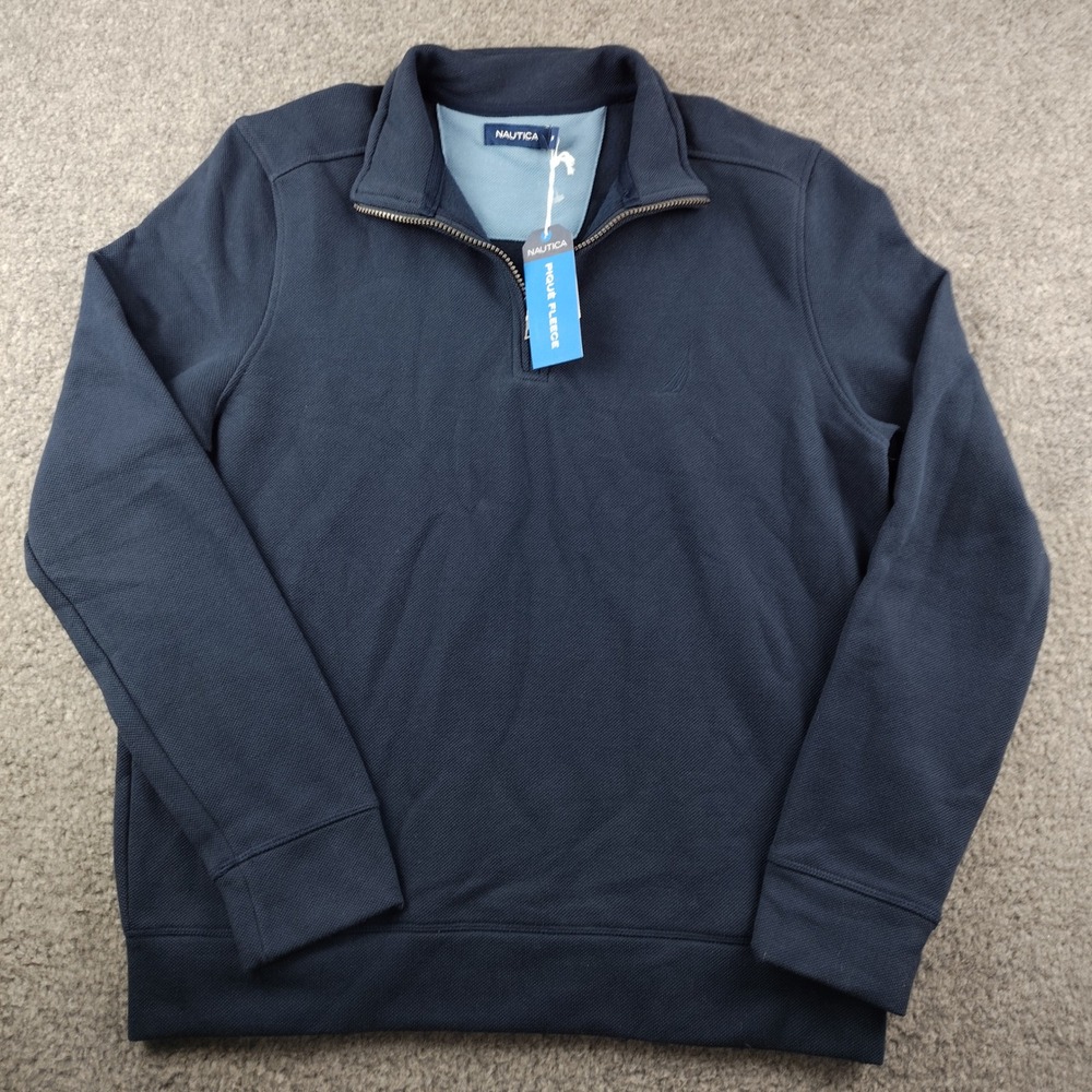 Nautica Pique Fleece 1/4 Zip Pullover Sweatshirt Navy Seas Blue Mens Medium NWT